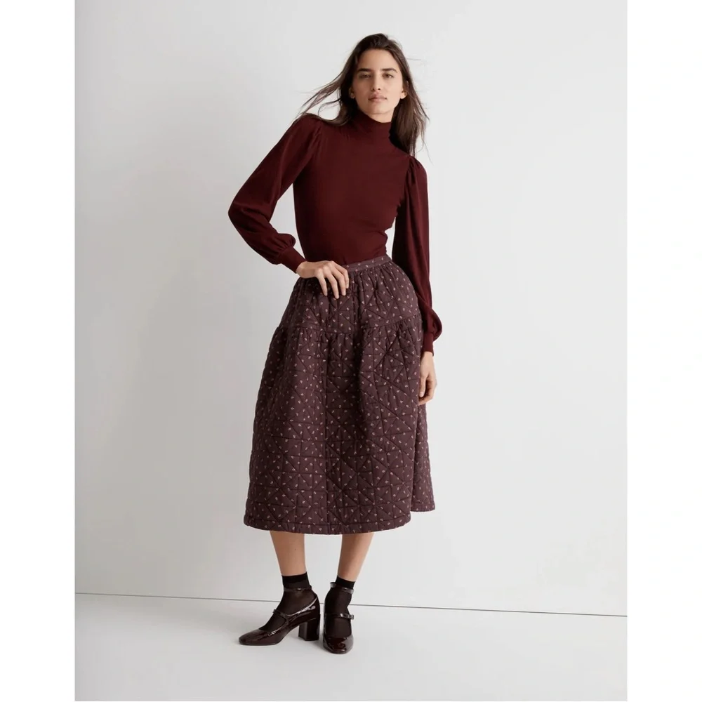 Madewell Quilted Crinkle Floral Midi Skirt - Brown Chocolate Raisin - Picture 1 of 8